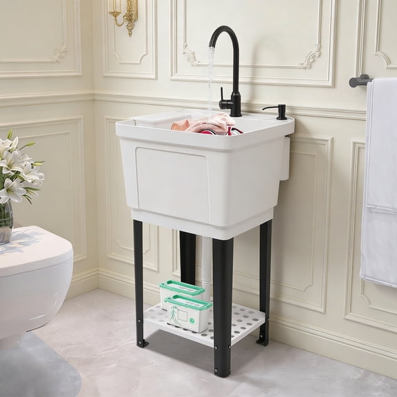 Freestanding Multi-purpose Square Laundry Sink, Compact Plastic Sink Utility Basin with Hot & Cold Faucet, Single Bowl Washing Hand Basin w/ Storage Rack for Kitchen Laundry Garage (White)