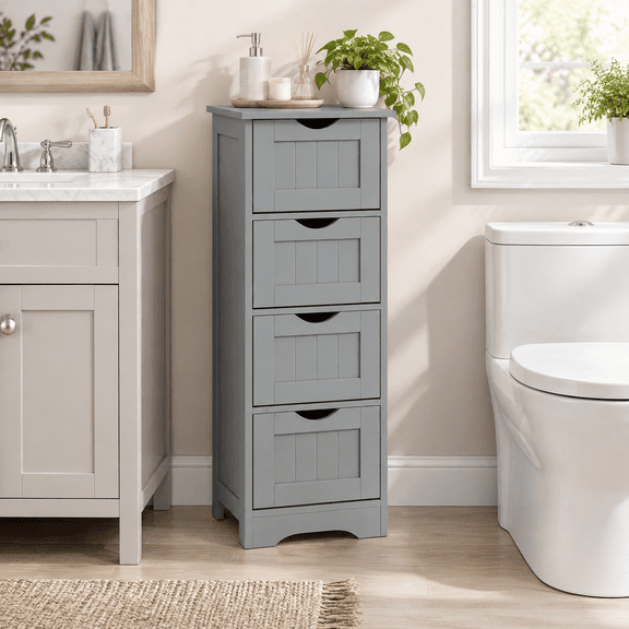 Freestanding Narrow Floor Storage Cabinet with 4 Drawers, Grey, Anti-Tip Design, for Bathroom Laundry Entryway Living Room Towel Organizer
