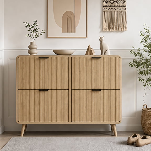Freestanding Narrow Shoe Cabinet for Entryway & Hallway Adjustable Panels, Fluted Flip Drawers, Holds 24 Pairs, Anti-Tip, MDF, Mid-Century Style