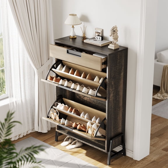 Freestanding Narrow Shoe Storage Cabinet – 2 Turnover Drawers, 1 Pull-Out Drawer, 3-Tier Adjustable Shelves for Entryway– Brown Cabinet Body Contrasts with Natural Wood Drawer Surface