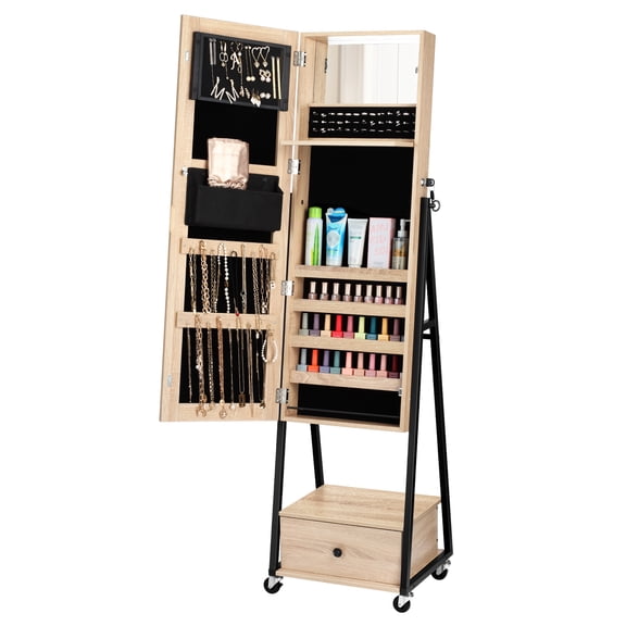 Freestanding Natural Wood Jewelry Armoire with Full Length Mirror, Lockable Makeup Organizer Cabinet with Drawer & Wheels, High Capacity Budget Friendly for Bedroom