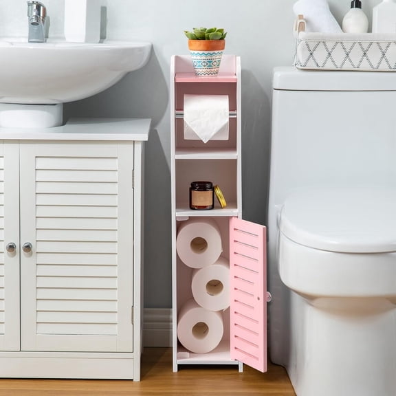 Freestanding No Drill Toilet Paper Holder Stand | PVC Small Space Bathroom Storage for Apartment Renters - Protect Rental Deposit