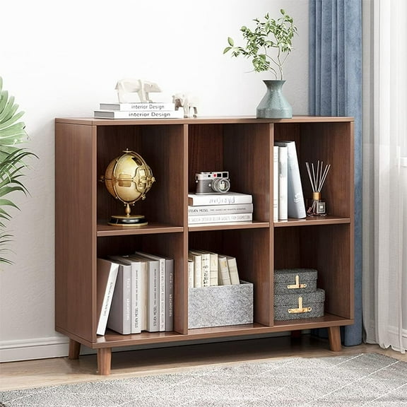 Freestanding Open Cubes Bookcase - 2-Tier Floor Standing Wooden Storage Display Cabinet Organizer with Legs for Home Office, 6-Cubes Open Shelf Low Short Bookshelf, Walnut