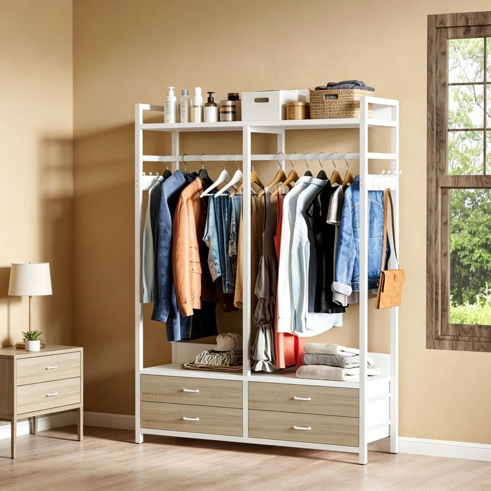 Freestanding Open Wardrobe with 47" Clothing Rod, 4 Drawers & 8 Hooks, Industrial Metal Frame Closet Organizer with Anti-Tip Straps for Bedroom