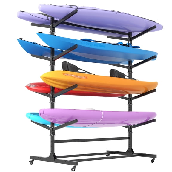 Freestanding Outdoor Kayak Storage Rack Hold 8 Kayaks Heavy Duty Adjustable Stand with Lockable Wheels for Kayak SUP Surfboard Canoe