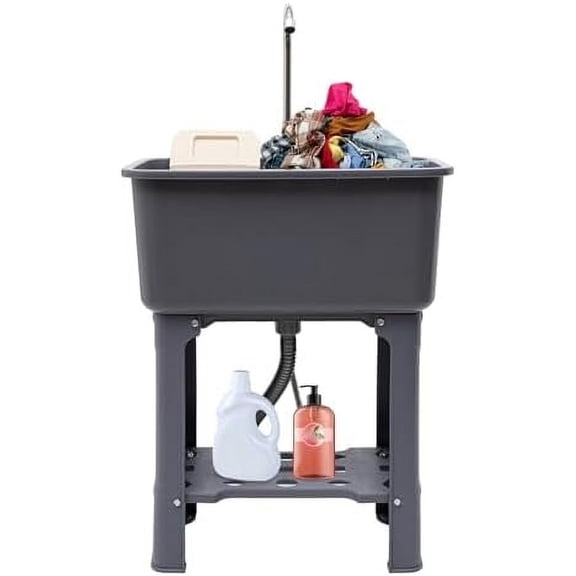 Freestanding PP Laundry Sink with Washboard, Large Capacity Indoor Outdoor Utility Sink with 360° Rotating Faucet, Laundry Sink Tub with Anti-Slip Feet, for Garage, Bathroom (Grey)