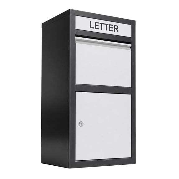 Freestanding Package Delivery Box Black & White, Extra Large Capacity Secure Mailbox, Weatherproof Outdoor Storage Box for Front Porch & Home Yard