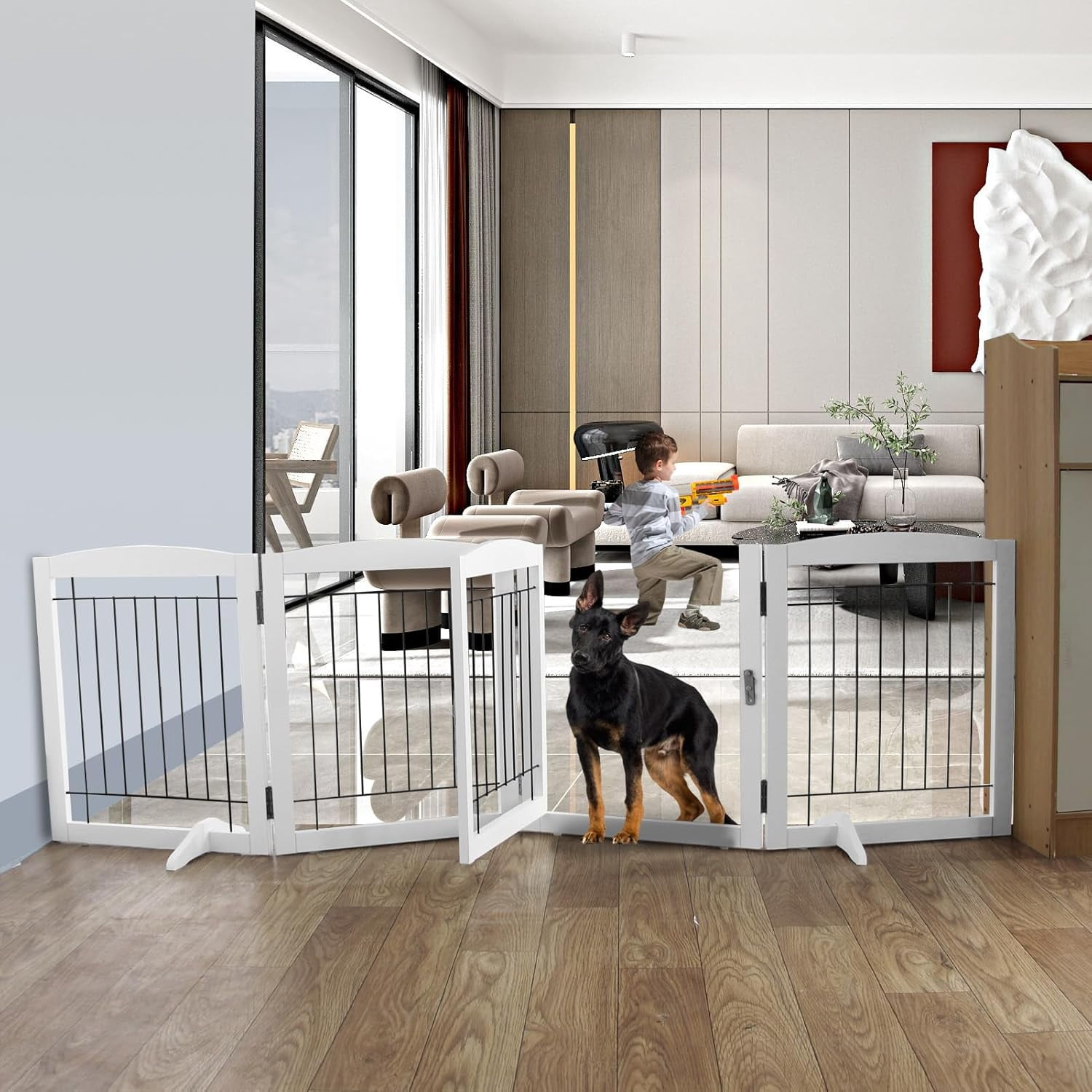 Freestanding Panel Dog Gate with Door for Hallways, Stairs - Foldable ...