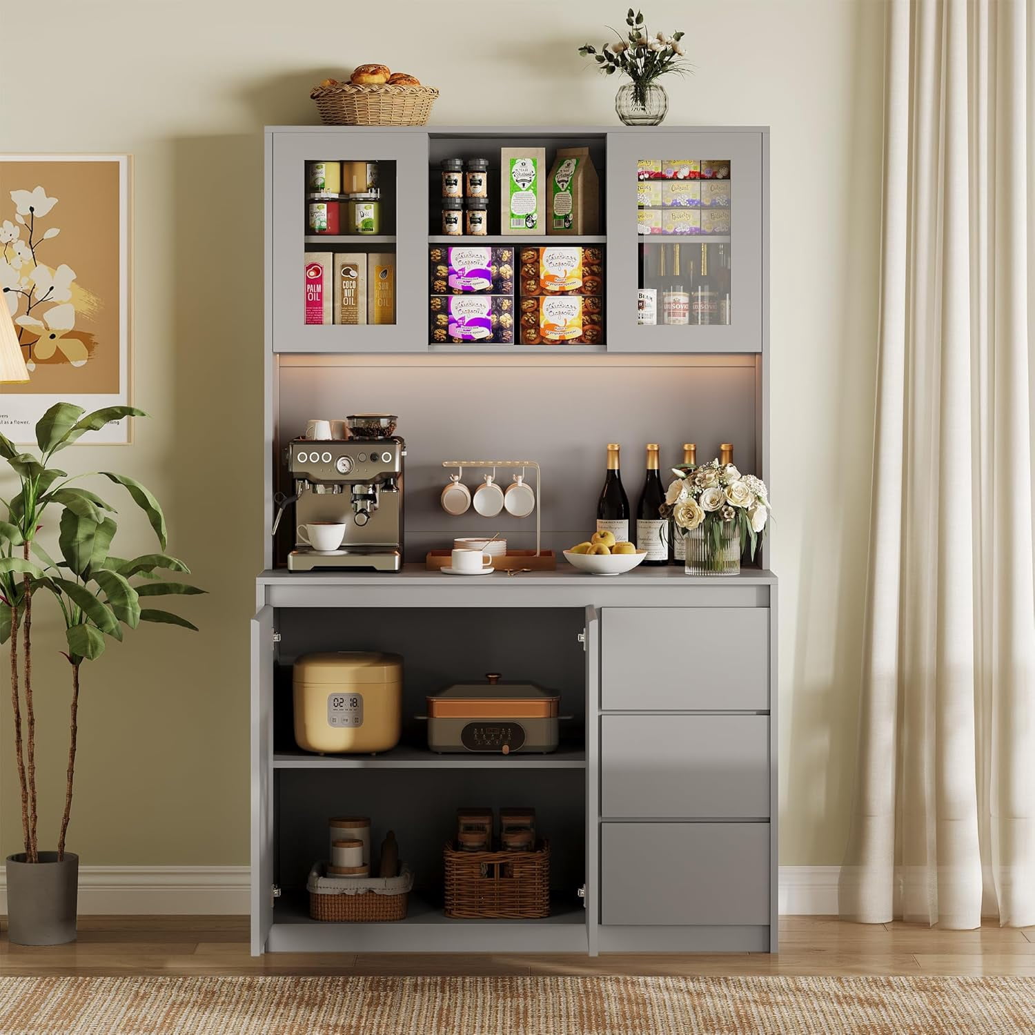 Freestanding Pantry Cabinet with Adjustable Shelf, Food Pantry with 4 Doors & 3 Drawers, Kitchen Pantry Cabinet with Built in Power Hub for Dining Room Gray