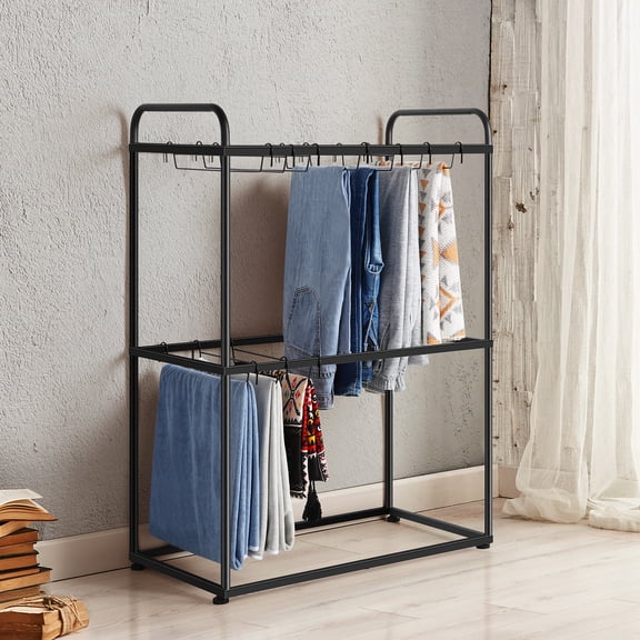 Freestanding Pants Rack with 26 Hangers, 2-Tier Black Metal Pant Storage Organizer for Closet, Jeans, Scarves, Black