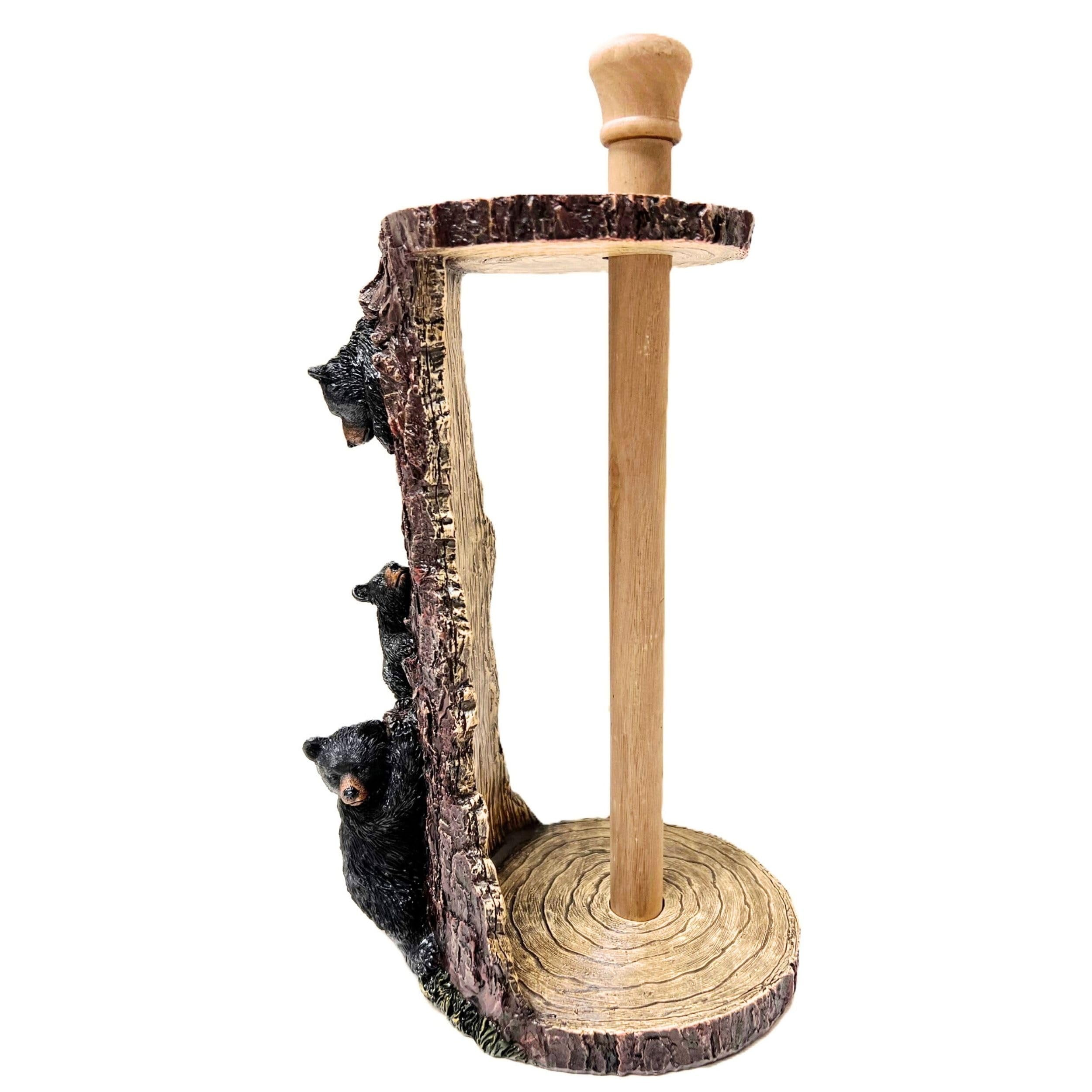 Freestanding Paper Towel Holder with Decorative Bear Design - Rustic Cabin Kitchen Countertop Décor Featuring a Black Bear Family Climbing on a Tree Trunk - Ideal Gift for Bear Lovers