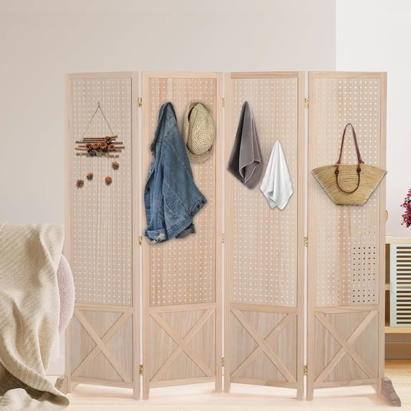 Freestanding Pegboard with Support Feet, 5 FT Wood Room Divider Display Board Organizer, Folding Privacy Screen Partition Space Separator for Craft Shows Events Retail (Natural, 4 Panel)