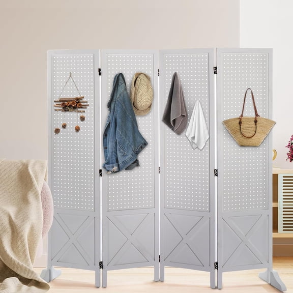 Freestanding Pegboard with Support Feet, 5 FT White Wooden Room Divider Organizer
