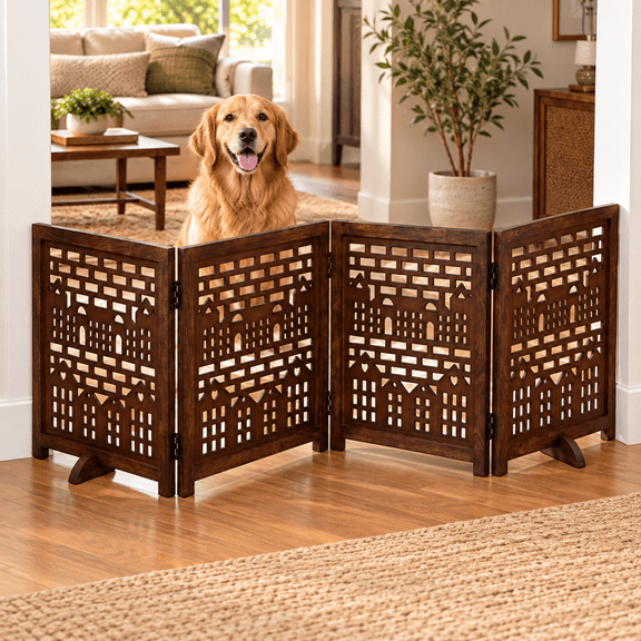 The Wooden Town Freestanding Pet Gate for Dogs, Foldable 4-Panel Wooden Dog Gate, 72" w x 18" h, Burnt Finish, Indoor Use