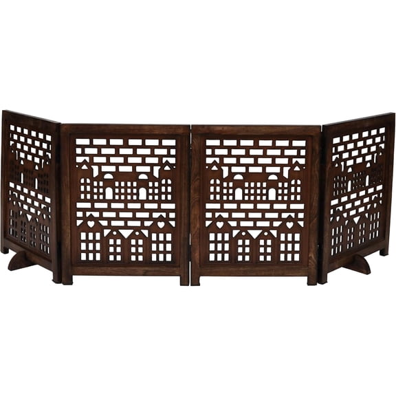 The Wooden Town Freestanding Pet Gate for Dogs, Foldable 4-Panel Wooden Dog Gate, 72" w x 18" h, Burnt Finish, Indoor Use
