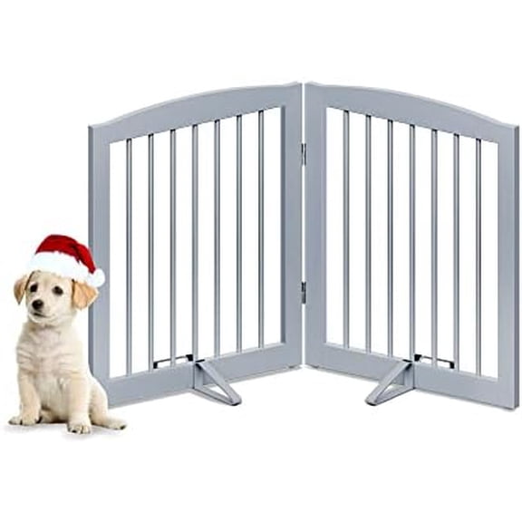 Freestanding Pet Gate for Dogs, Foldable Wooden Dog Gate for House, Indoor Pet Barrier for Stairs, Doorways, Support Feet Included, 24" Height 2 Panels, Grey