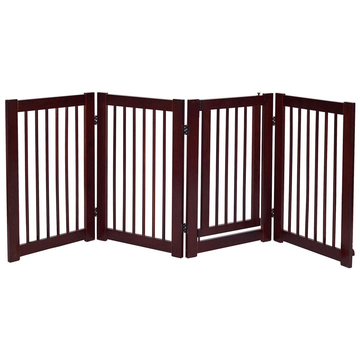 Freestanding Pet Gate with Door, 4 Panels Wooden Dog Gate with Walk