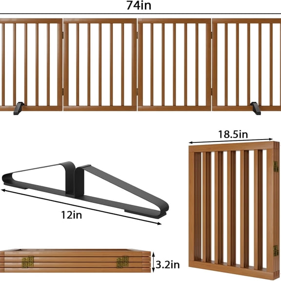 Freestanding Pet Gate Foldable 4 Panel Dog Gate Walnut Dog Gates for Stair Doorways House Indoor (2 Support Feet Included)
