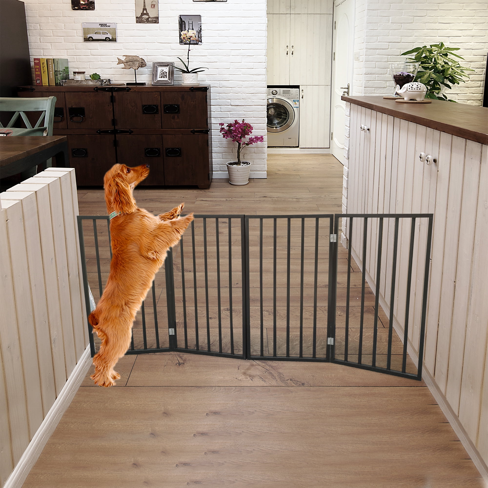 Freestanding Pet Safety Gate, Arc Design Foldable Wooden Doorway Barrier for Stairs Home Indoor, Brown