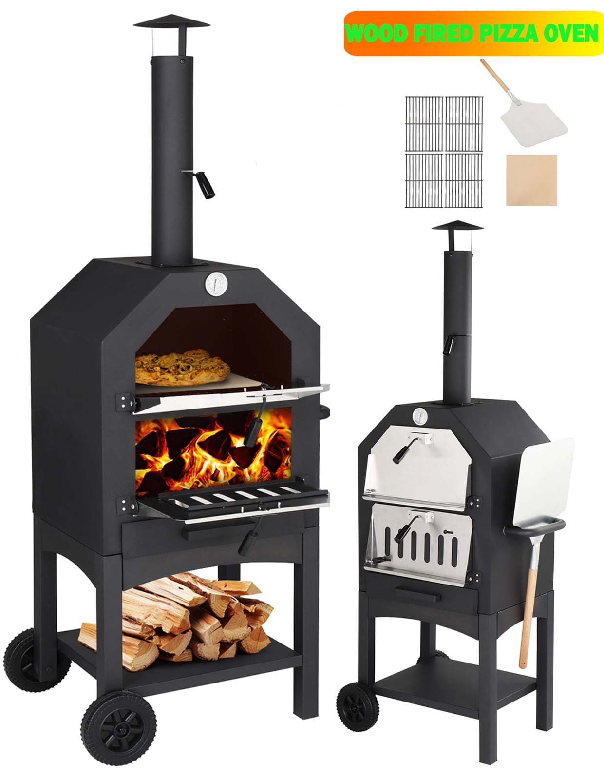 Outdoor Pizza Oven, Wood Fired Outdoor Pizza Oven, 2-Layer Pizza Maker with Stone, Removable Rack & Thermometer for Backyard, Camping, BBQ