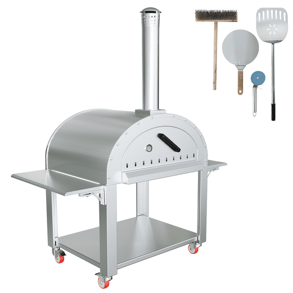 Freestanding Pizza Oven, Wood Burning Pizza Maker With Pizza Peel, Portable Stainless Steel Charcoal Pizza Oven With Wheels for Backyard Parties, Camping (44" x 32" x 80")