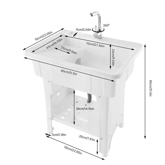 Freestanding Plastic Laundry Sink, 70kg/154lbs Load Utility Sink with Hot & Cold Faucet & Soap Grooves for Garage