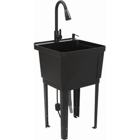Freestanding Plastic Laundry Sink, Commercial Utility Sink Laundry Tub Wash Station w/Pull-out Faucet&Drain Pipe, Floor Mount Slop Sink Outdoor Utility Tub for Laundry Room, Garage (Black)