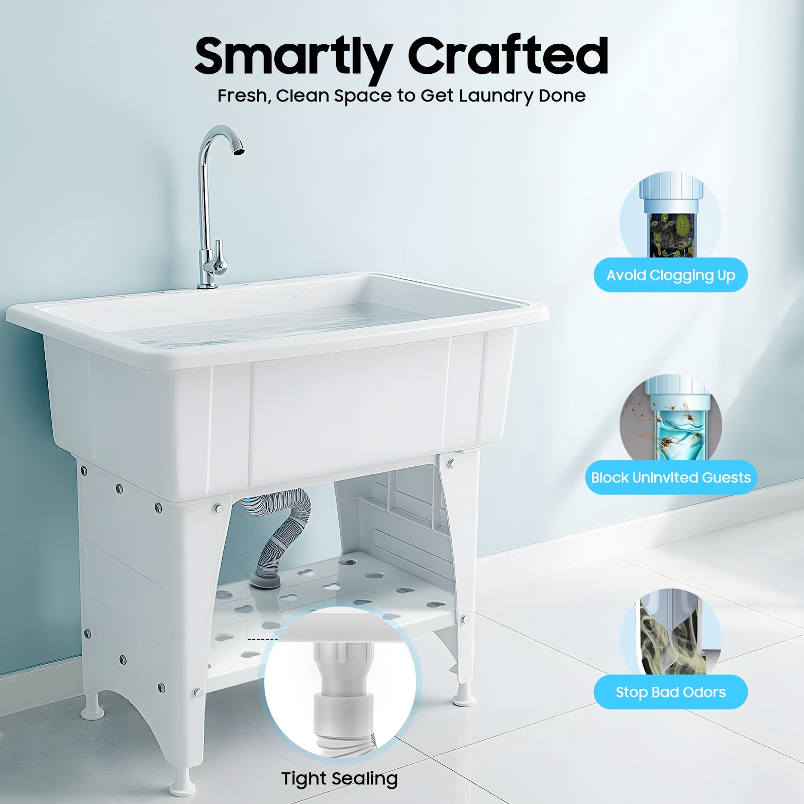 Freestanding Plastic Laundry Sink, Utility Sink Laundry Tub with Faucet, Indoor and Outdoor Utility Sink Hoses and Drain Kit, Slop Sink Wash Station for Garage/Basement/Garden