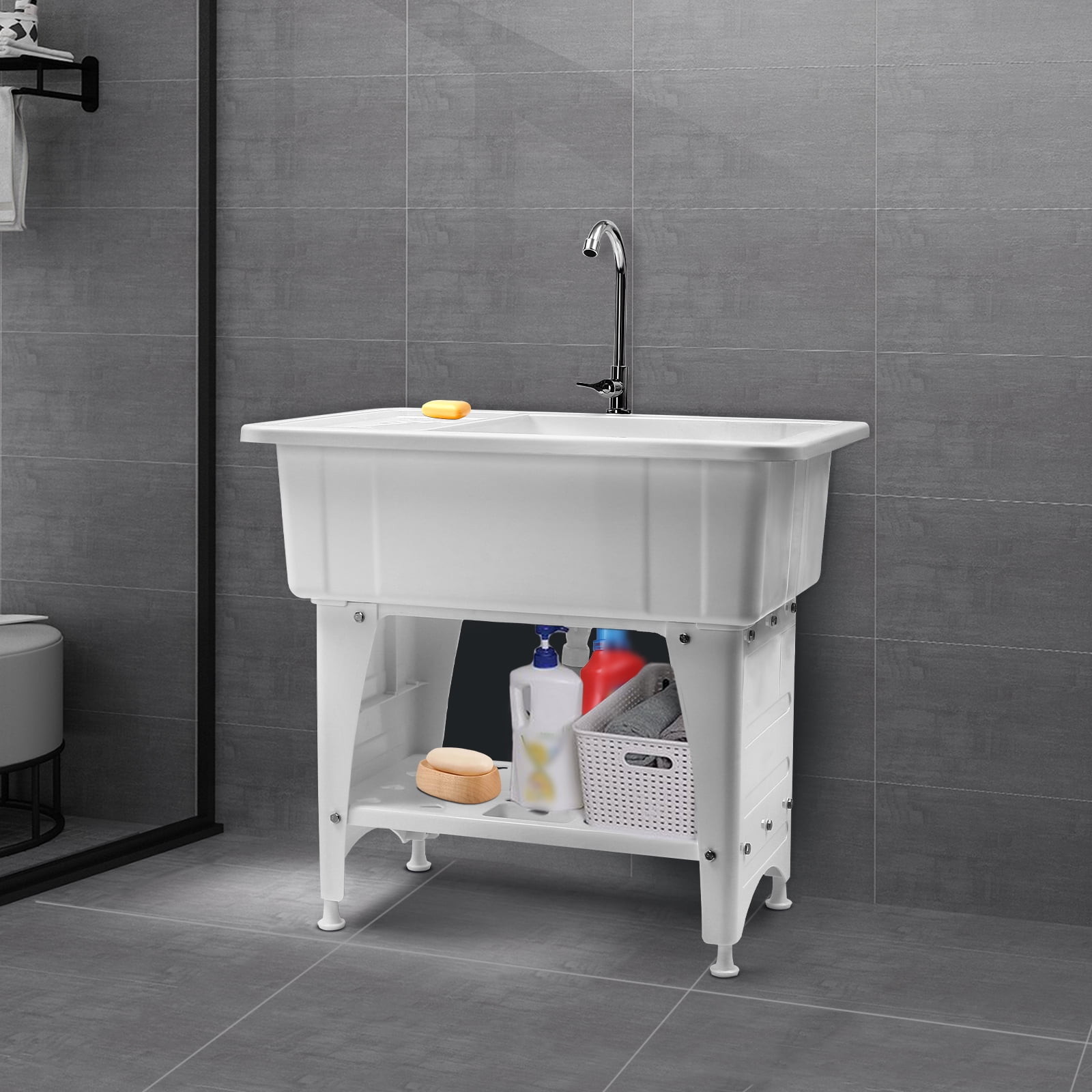 Freestanding Plastic Laundry Sink with Washboard, Indoor and Outdoor Utility Sink, Laundry Tub for Laundry Room