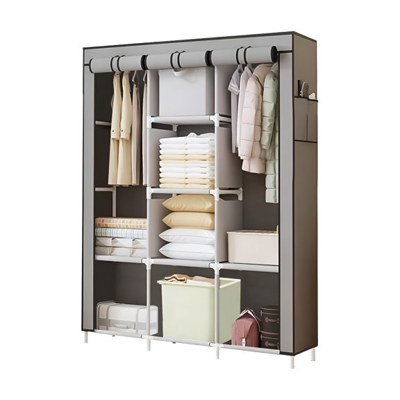Freestanding Portable Closet Wardrobe with 2 Rods & 8 Shelves – Dustproof Clothes Organizer with Side Pockets for Bedroom, Dorm, Apartment, Grey
