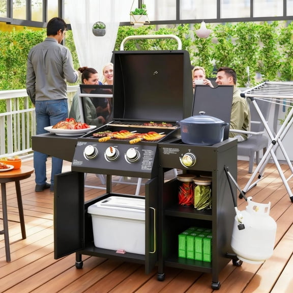 Freestanding Propane Gas Grill with Side Burner 310 sq.in Cooking Area Piezo Ignition Foldable Side Table for Backyard Patio Family Outdoor BBQ Cooking