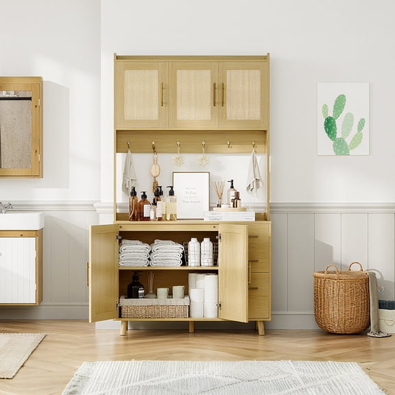 Freestanding Rattan Kitchen Pantry Cabinet with Microwave Stand 71" Tall Storage Hutch Drawers, Adjustable Shelves, 6 Hooks Boho Farmhouse Style for Dining Room, Kitchen, or Living Room