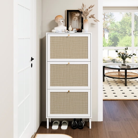 Freestanding Rattan Shoe Rack | Comfortable Gold Handle for Smooth Opening | Moisture - Proof Rattan Material | Solves Inconvenient Door Opening Problem