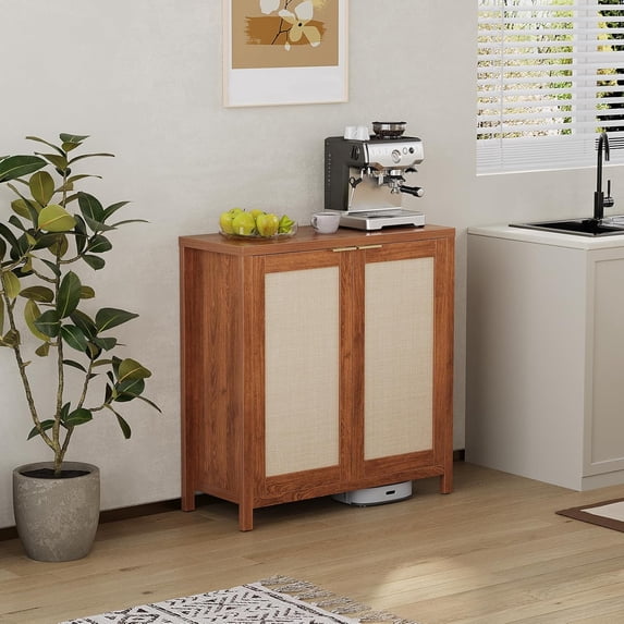 Freestanding Rattan Storage Cabinet with Doors & Adjustable Shelves, Accent Floor Storage Cabinet, Modern Sideboard Buffet Cabinet for Living Room, Dining Room, Kitchen