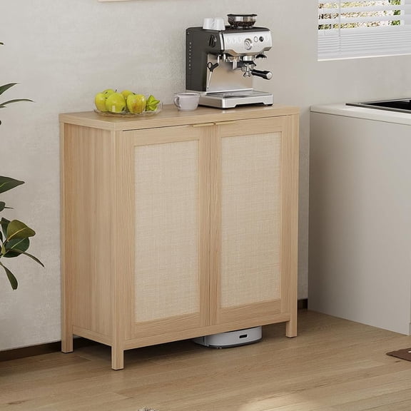Freestanding Rattan Storage Cabinet with Doors & Adjustable Shelves, Accent Floor Storage Cabinet, Modern Sideboard Buffet Cabinet for Living Room, Dining Room, Kitchen