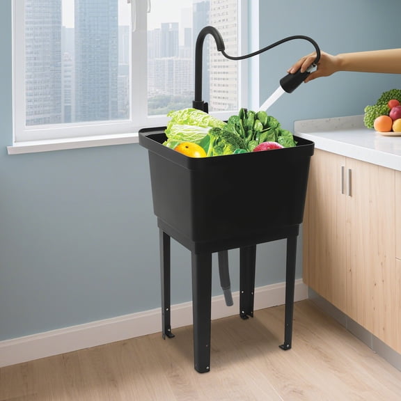 Freestanding Rectangular Black Laundry Sink With High Arc Stainless Steel Pull Down Faucet for Restaurants