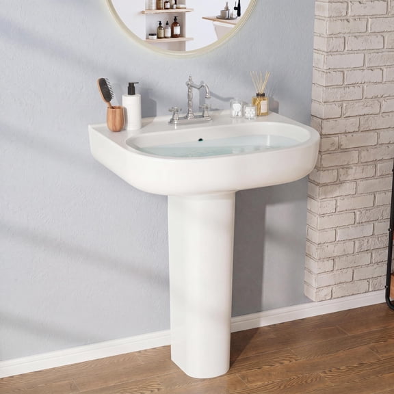 Freestanding Rectangular Ceramic Pedestal basin with Overflow – White Bathroom Vanity Basin – Easy Installation – 3 Pre-Drilled 4-Inch Faucet Holes and Backsplash – 22" x 17" – 3 holes (4 inches)
