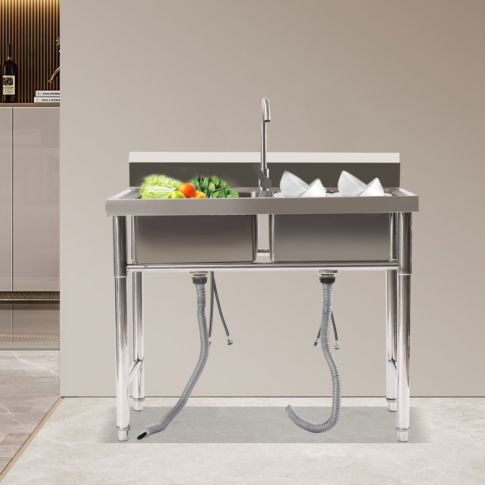 Freestanding Rectangular Silver Double Compartment Commercial Restaurant Utility Kitchen Sink Stainless Steel