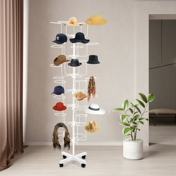 Freestanding Revolving Hats Rack Stand, Rotating 7 Tier 35 Hats Metal Hats Display Organizer with Wheels White 21.65*21.65*64.96"