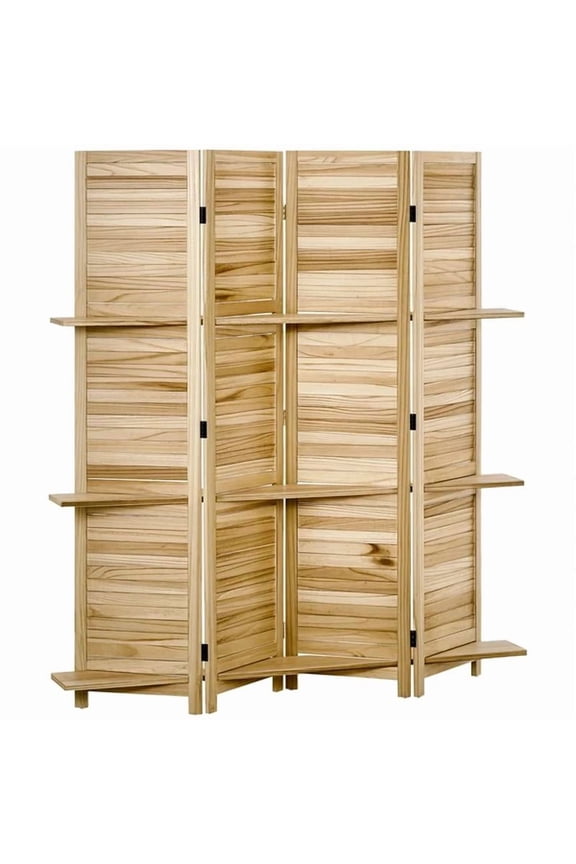 Freestanding Room Divider Panel Paulownia Wood with Shelves Natural