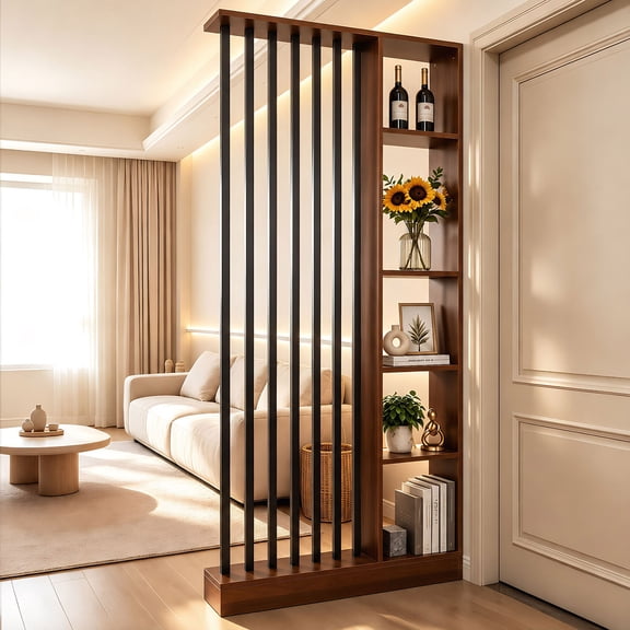 Freestanding Room Divider With Shelves And Black Bars, Decorative Privacy Screen For Modern Homes