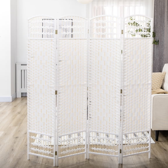 Freestanding Room Divider for Small Spaces, 4 Panel Folding Privacy Screen 5.6ft Wave Fiber Partition Wall for Home Office, White