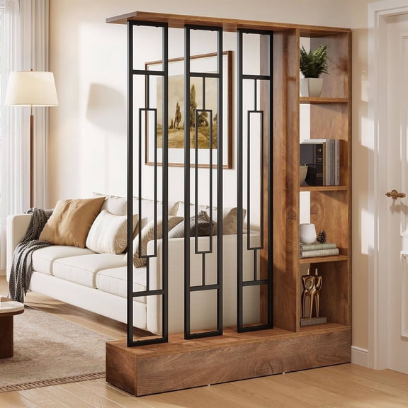 Freestanding Room Divider with Open Shelves, 71" Tall Storage Partition