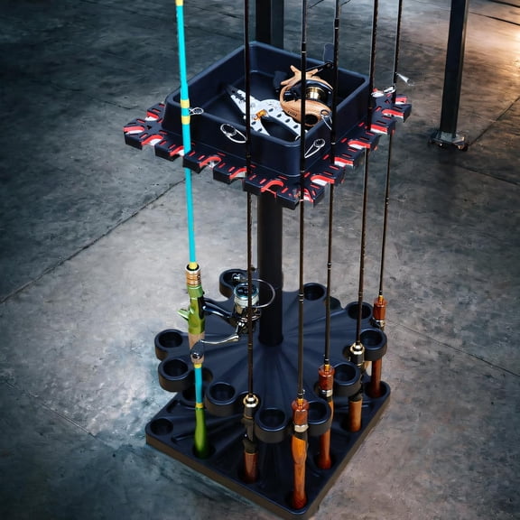 Freestanding Rotating Fishing Rod Rack  No-Drill Lure Rod Stand, Home Display Organizer, Tool-Free Assembly, Holds up to 24 Rods, (With Rolling Wheels)