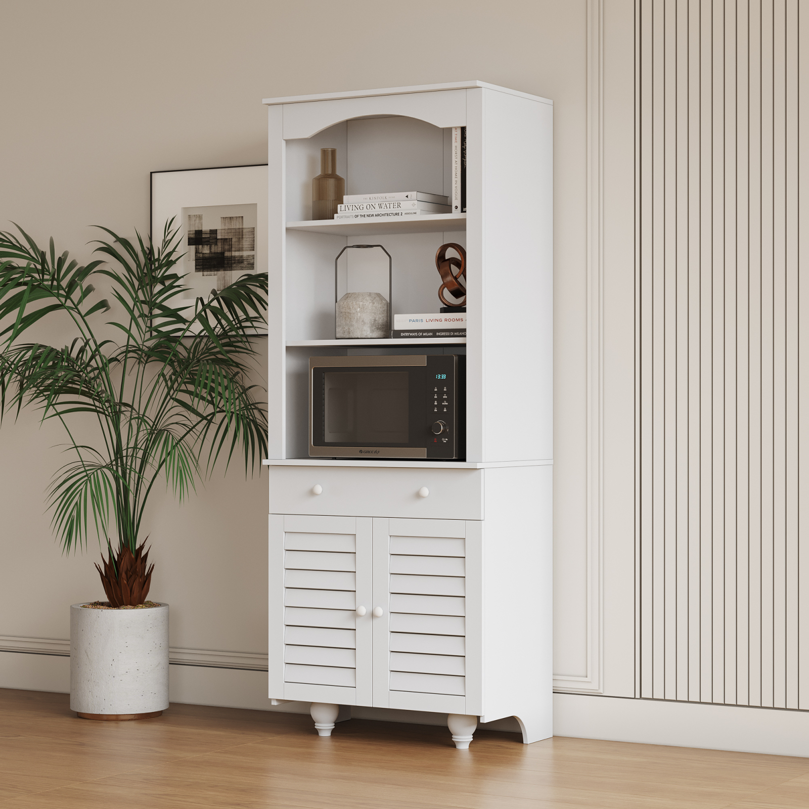 Freestanding Rustic Kitchen Buffet & Hutch White MDF Pantry Storage