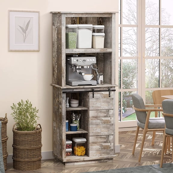 Freestanding Rustic Kitchen Buffet with Hutch, Pantry Storage Cabinet with Sliding Barn Door, Adjustable Shelf, Vintage Wood