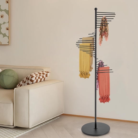 Freestanding Scarf Racks, Spiral Scarf Organizer Stand with 30 Hanger Rods, Metal Scarf Display Holder with Heavy Base for Clothing Store for Space Saving Shelves (Black)