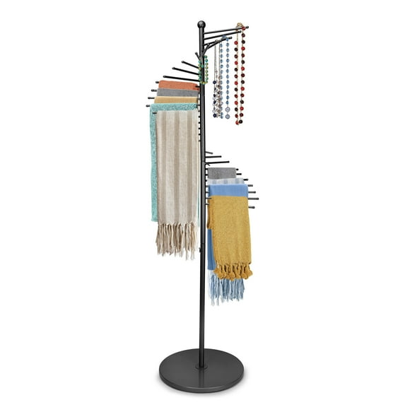 Freestanding Scarf Stand, Freestanding Metal Pants Racks with 30 Rods, Anti Slip Space Saving Shelves Spiral Hijab Organizer, Black