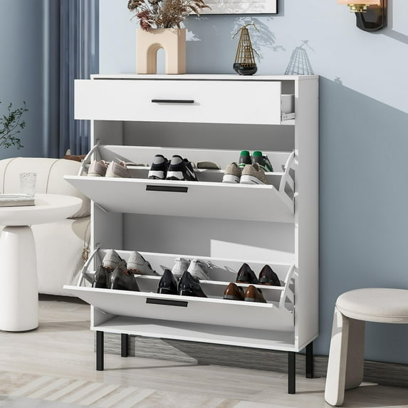 Freestanding Shoe Cabinet Organizer - 12-Pair Storage w/2 Flip Drawers & Top Compartment, 31.5" Entryway Rack, Metal Legs