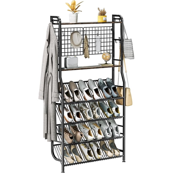 Freestanding Shoe Rack 4-Tier Stores 12+ Pairs for Entryway, Multi Layer Hall Tree with Storage, Spacious Shoe Storage Shelf with Hooks, Sturdy Metal Shoe Organizer Rusitc Brown Living Room